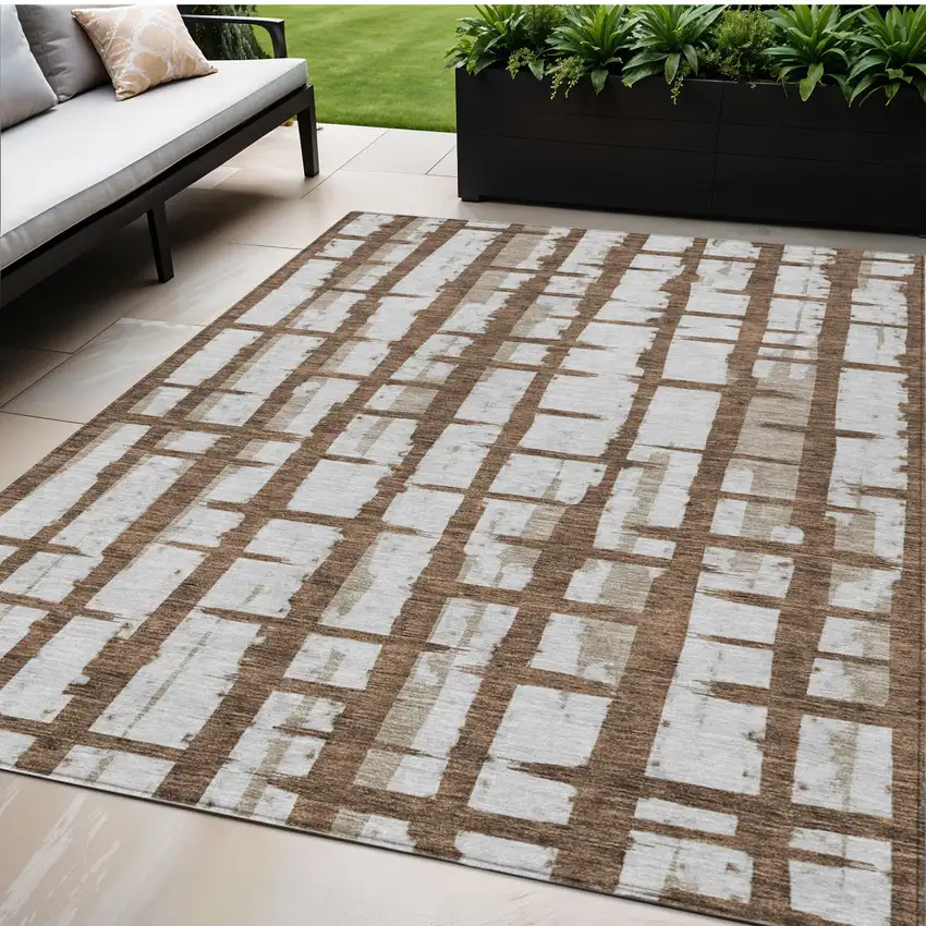 Chocolate And Beige Striped Washable Indoor Outdoor Area Rug Photo 1