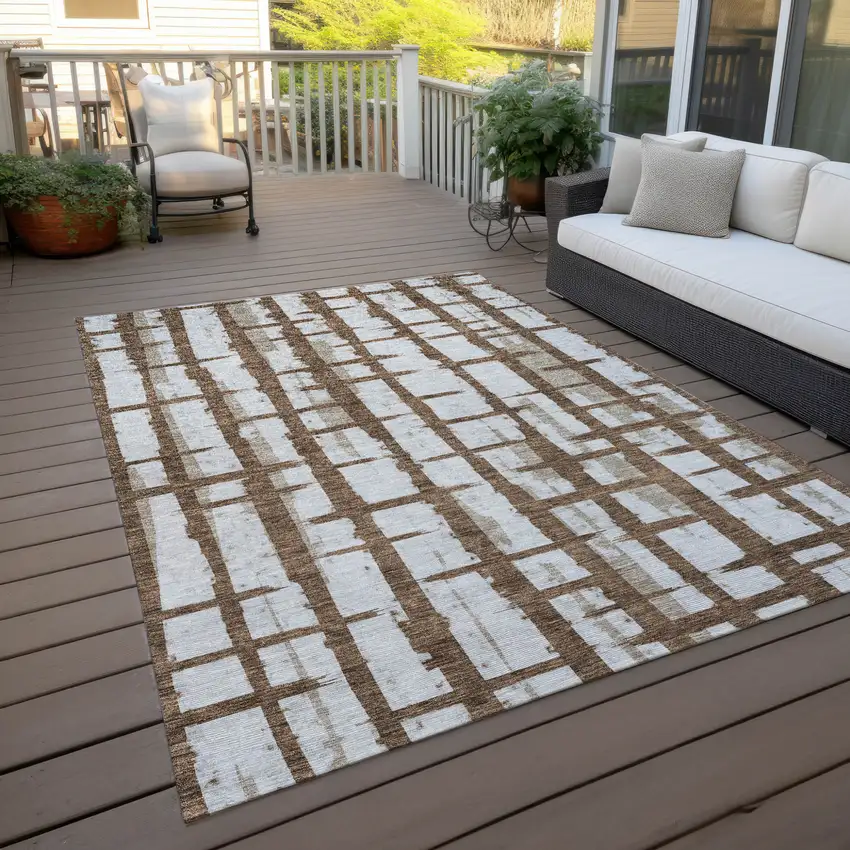 Chocolate And Beige Striped Washable Indoor Outdoor Area Rug Photo 7