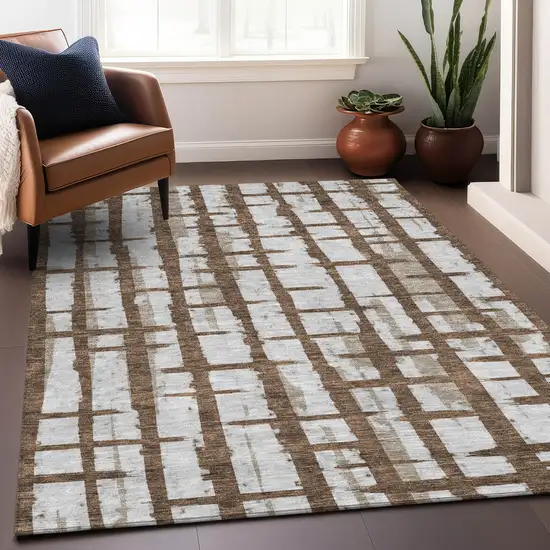 Chocolate And Beige Striped Washable Indoor Outdoor Area Rug Photo 8