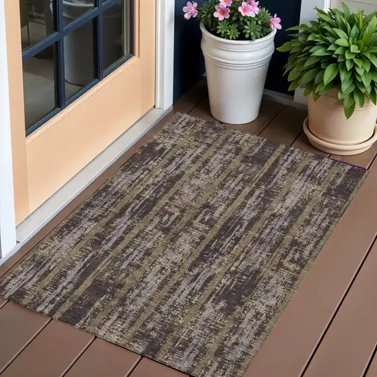 Chocolate And Beige Striped Washable Indoor Outdoor Area Rug Photo 1