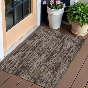 Photo of Chocolate And Beige Striped Washable Indoor Outdoor Area Rug