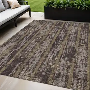 Photo of Chocolate And Beige Striped Washable Indoor Outdoor Area Rug