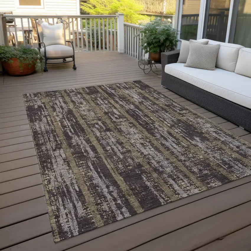 Chocolate And Beige Striped Washable Indoor Outdoor Area Rug Photo 8
