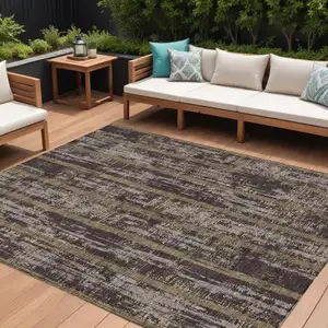 Photo of Chocolate And Beige Striped Washable Indoor Outdoor Area Rug