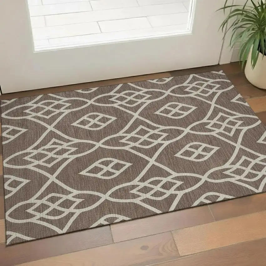 Chocolate And Beige Trellis Washable Area Rug With UV Protection Photo 1