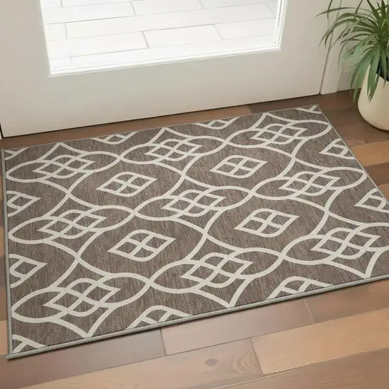 Chocolate And Beige Trellis Washable Area Rug With UV Protection Photo 2