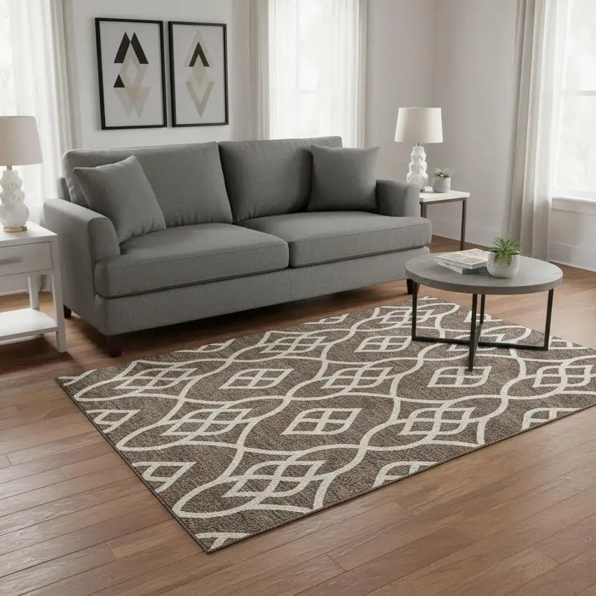 Chocolate And Beige Trellis Washable Area Rug With UV Protection Photo 2