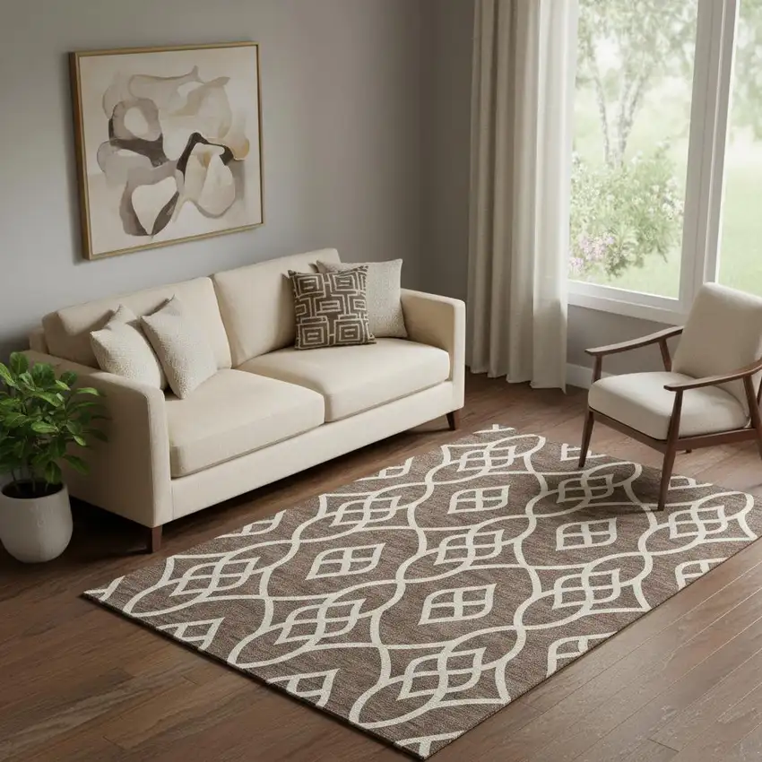 Chocolate And Beige Trellis Washable Area Rug With UV Protection Photo 1