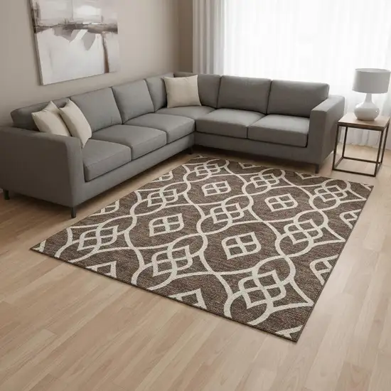 Chocolate And Beige Trellis Washable Area Rug With UV Protection Photo 2