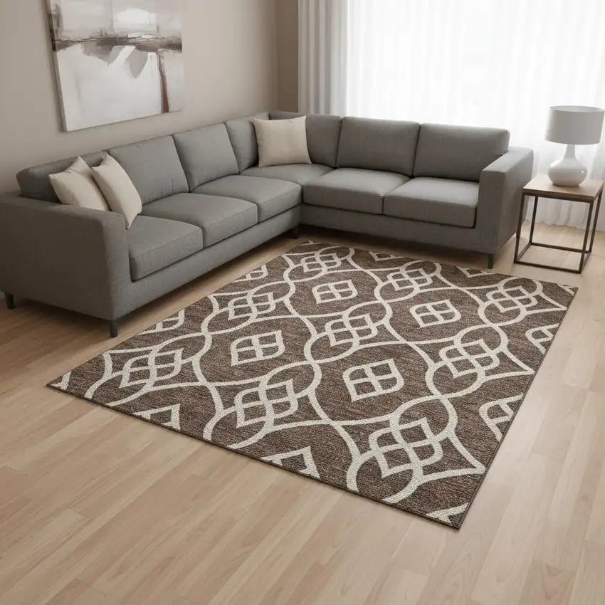 Chocolate And Beige Trellis Washable Area Rug With UV Protection Photo 2