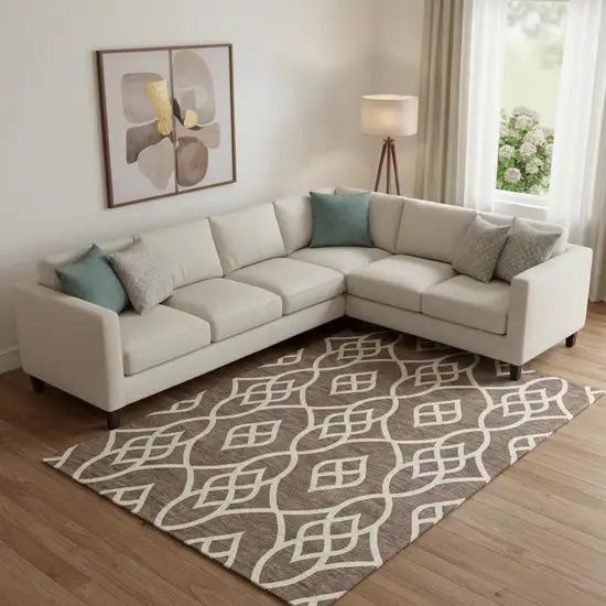 Chocolate And Beige Trellis Washable Area Rug With UV Protection Photo 1