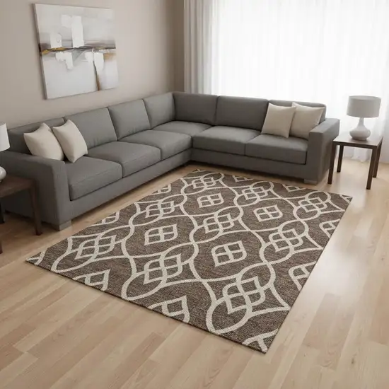 Chocolate And Beige Trellis Washable Area Rug With UV Protection Photo 2