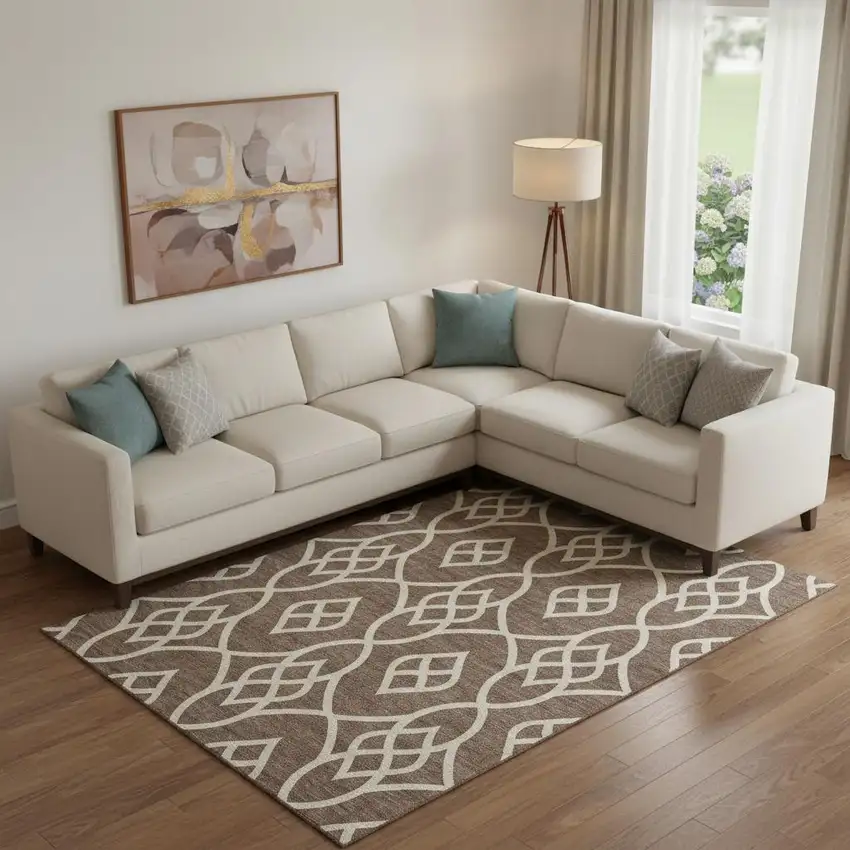 Chocolate And Beige Trellis Washable Area Rug With UV Protection Photo 1