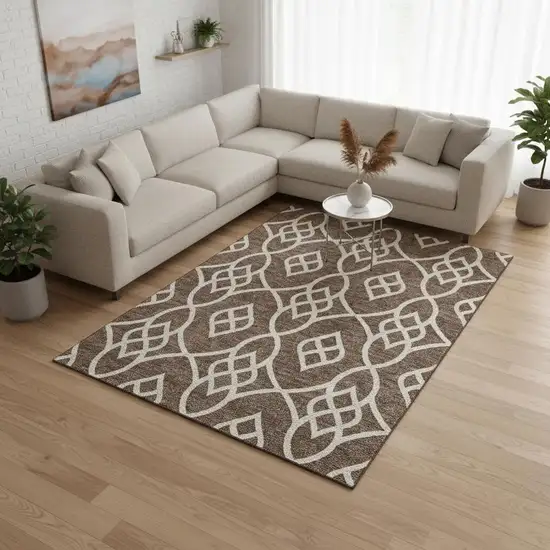 Chocolate And Beige Trellis Washable Area Rug With UV Protection Photo 2