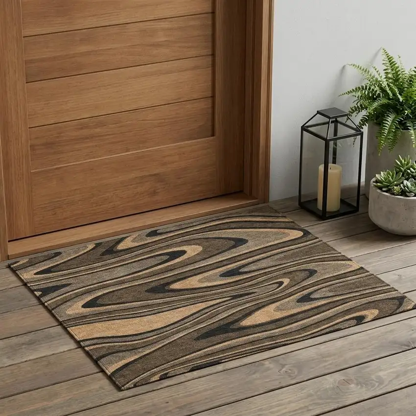 Chocolate And Black Abstract Washable Indoor Outdoor Area Rug Photo 1