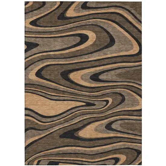Chocolate And Black Abstract Washable Indoor Outdoor Area Rug Photo 2