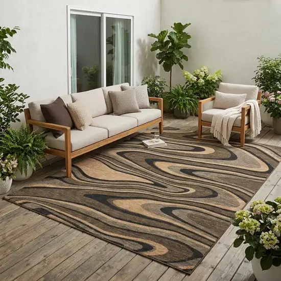 Chocolate And Black Abstract Washable Indoor Outdoor Area Rug Photo 1