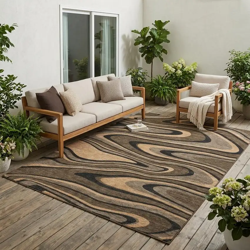 Chocolate And Black Abstract Washable Indoor Outdoor Area Rug Photo 1