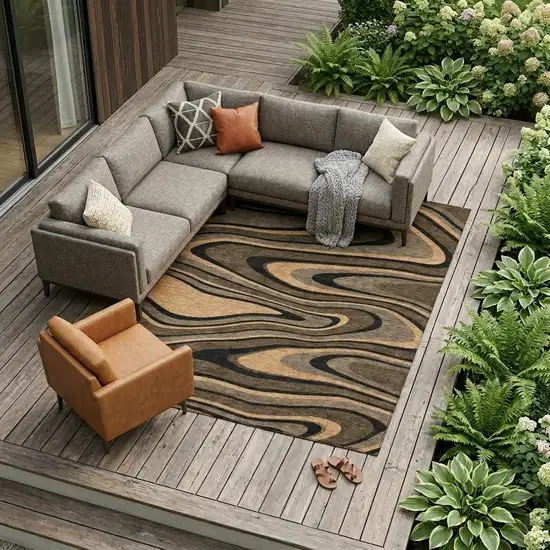 Chocolate And Black Abstract Washable Indoor Outdoor Area Rug Photo 1