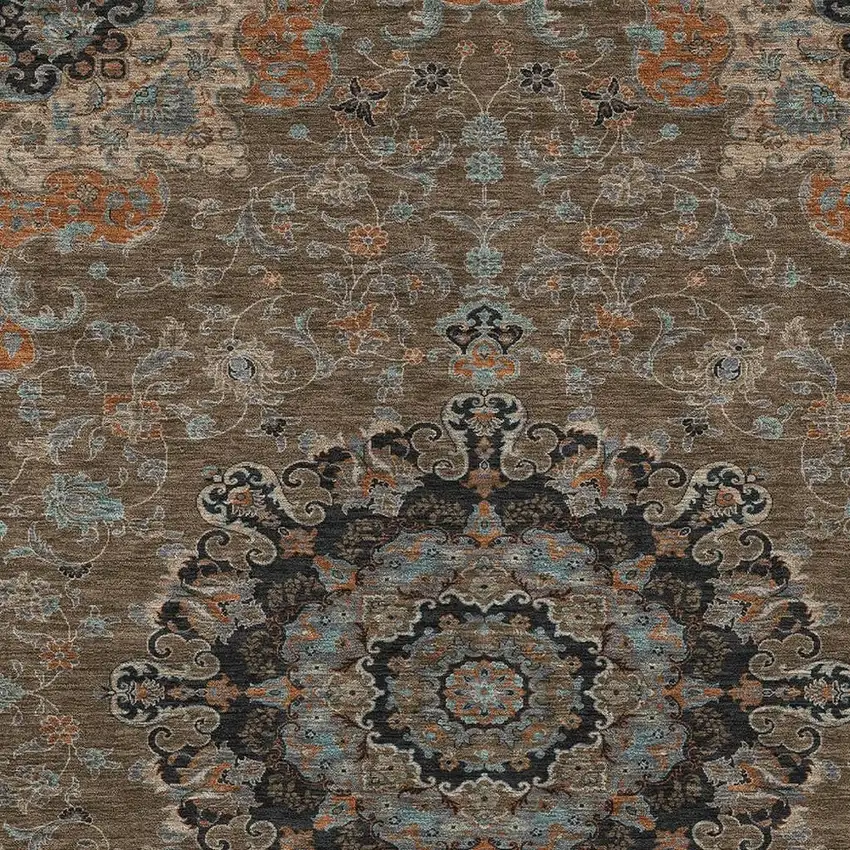Chocolate And Black Floral Medallion Washable Indoor Outdoor Area Rug Photo 3