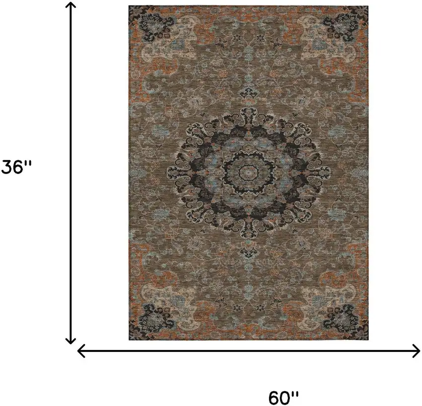 Chocolate And Black Floral Medallion Washable Indoor Outdoor Area Rug Photo 7
