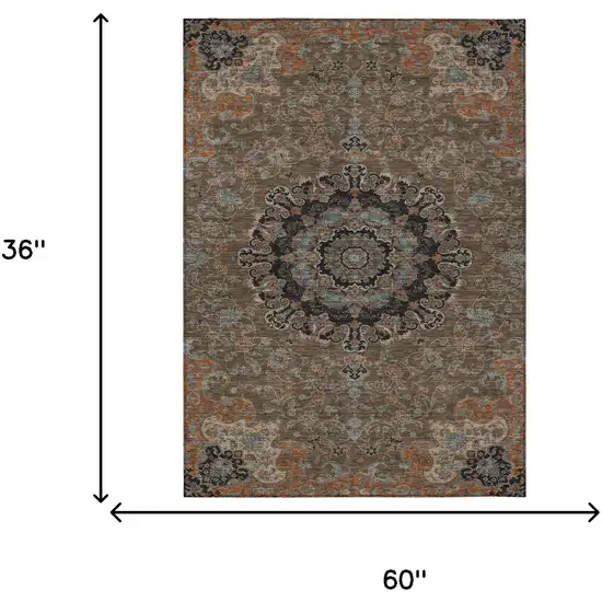 Chocolate And Black Floral Medallion Washable Indoor Outdoor Area Rug Photo 7