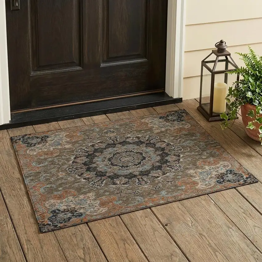 Chocolate And Black Floral Medallion Washable Indoor Outdoor Area Rug Photo 1