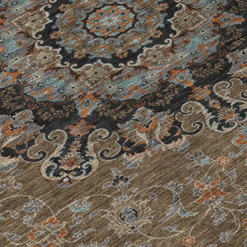 Chocolate And Black Floral Medallion Washable Indoor Outdoor Area Rug Photo 6