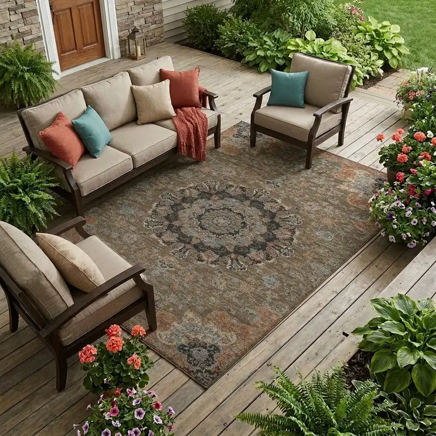 Chocolate And Black Floral Medallion Washable Indoor Outdoor Area Rug Photo 1