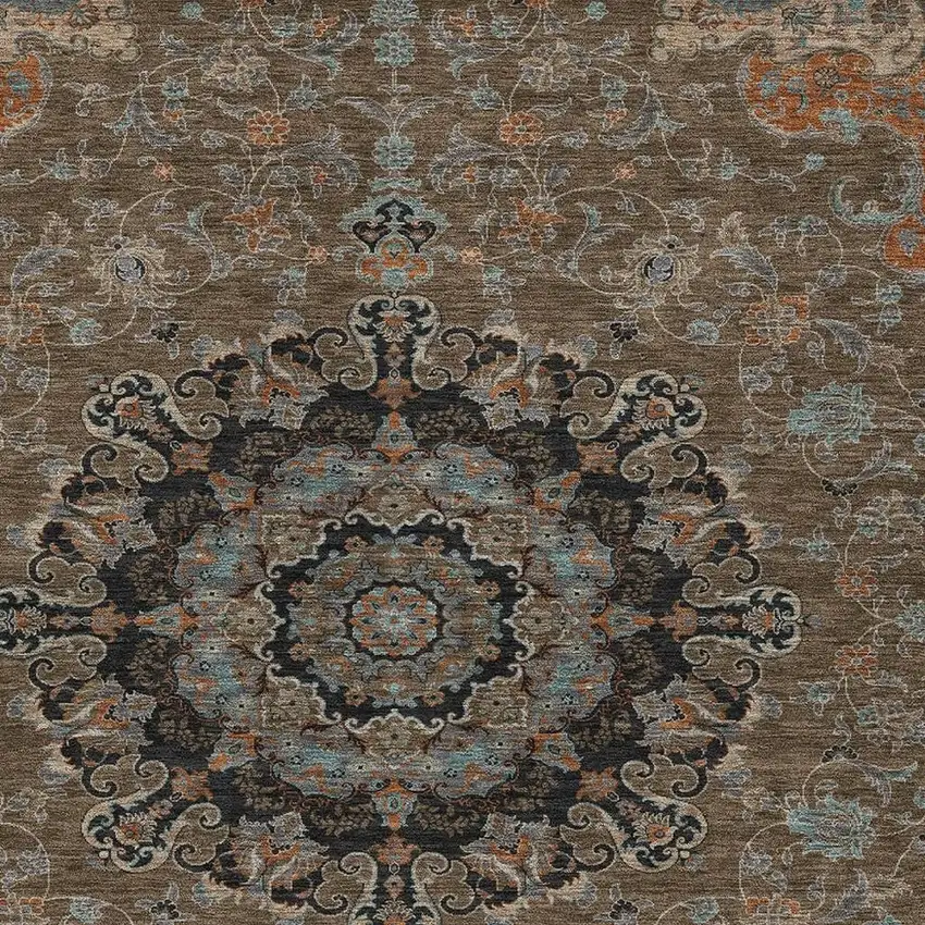 Chocolate And Black Floral Medallion Washable Indoor Outdoor Area Rug Photo 3