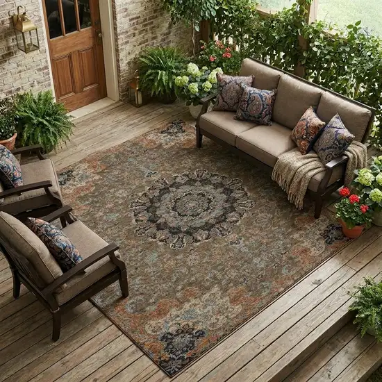 Chocolate And Black Floral Medallion Washable Indoor Outdoor Area Rug Photo 1