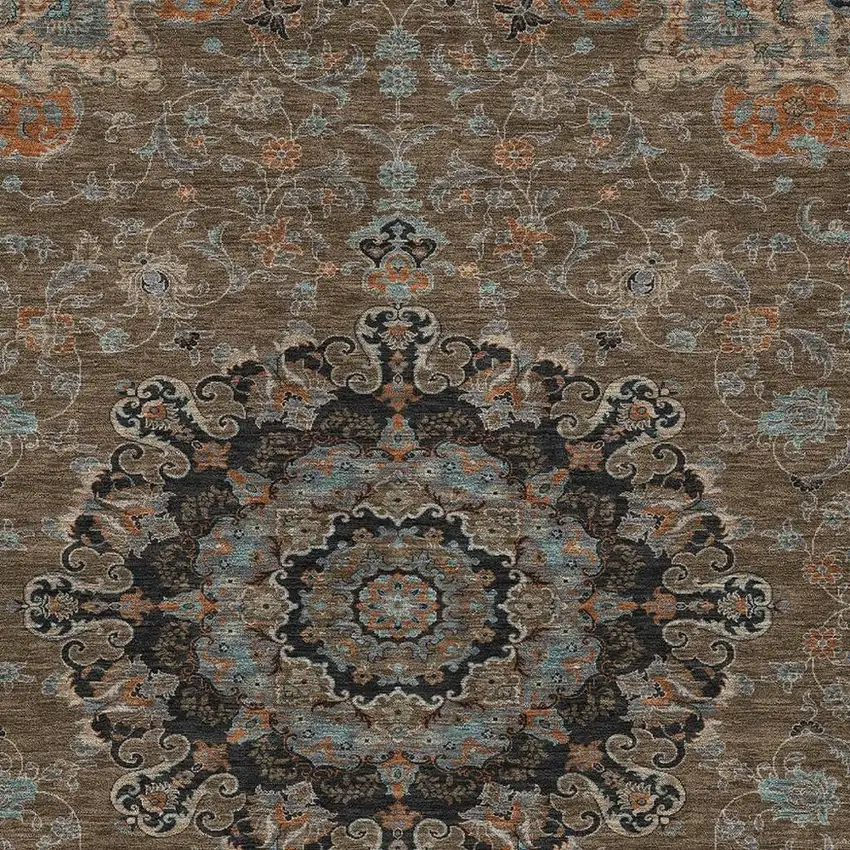 Chocolate And Black Floral Medallion Washable Indoor Outdoor Area Rug Photo 3