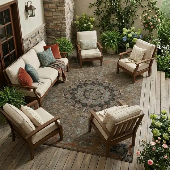 Chocolate And Black Floral Medallion Washable Indoor Outdoor Area Rug Photo 1
