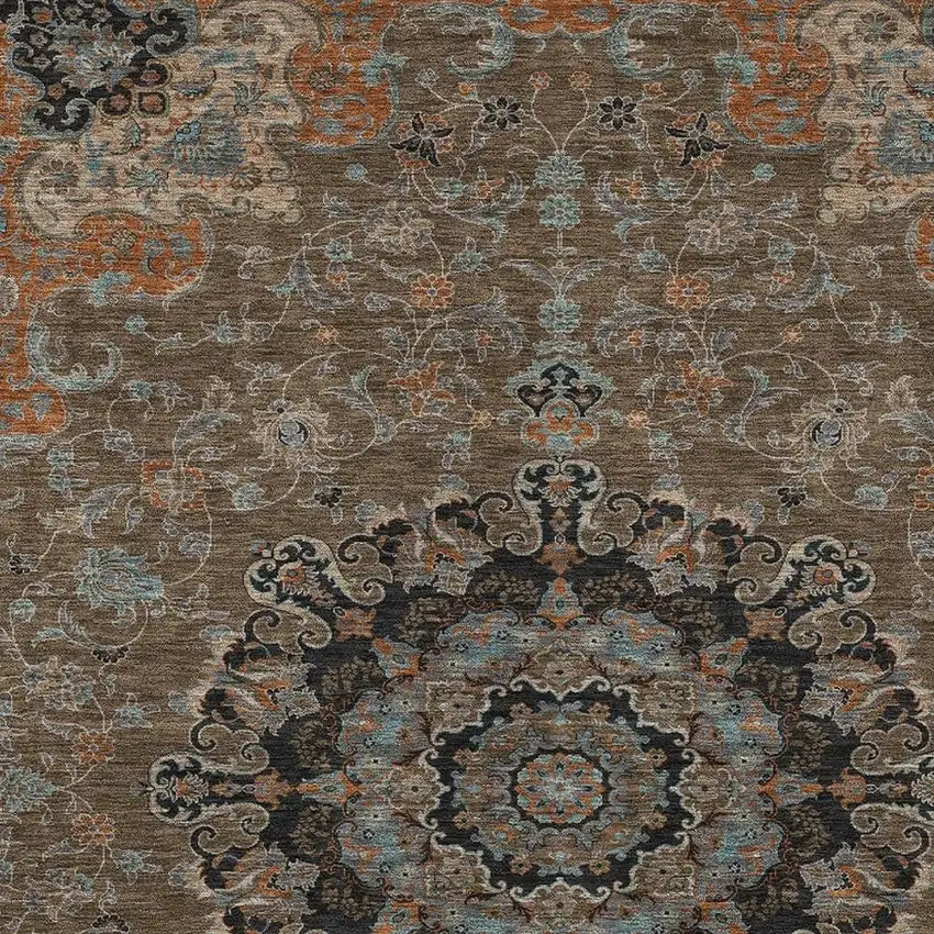 Chocolate And Black Floral Medallion Washable Indoor Outdoor Area Rug Photo 3