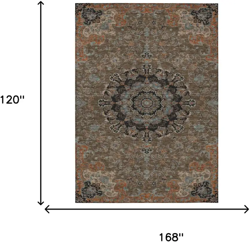 Chocolate And Black Floral Medallion Washable Indoor Outdoor Area Rug Photo 7