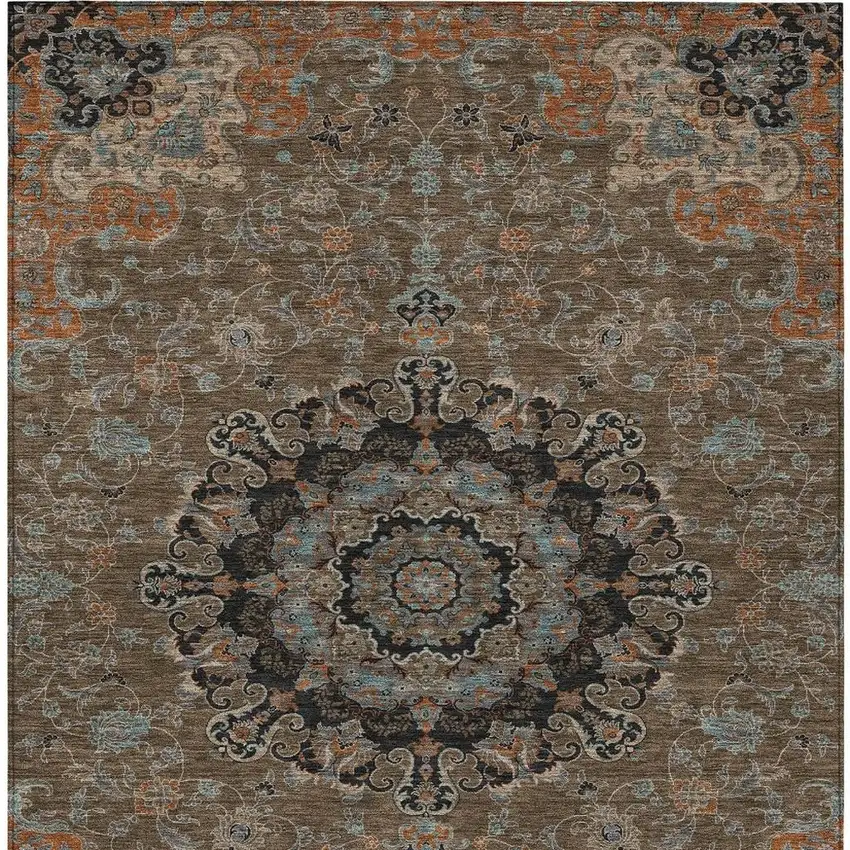 Chocolate And Black Floral Medallion Washable Indoor Outdoor Area Rug Photo 4