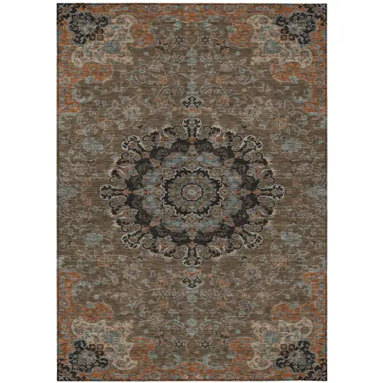 Chocolate And Black Floral Medallion Washable Indoor Outdoor Area Rug Photo 2