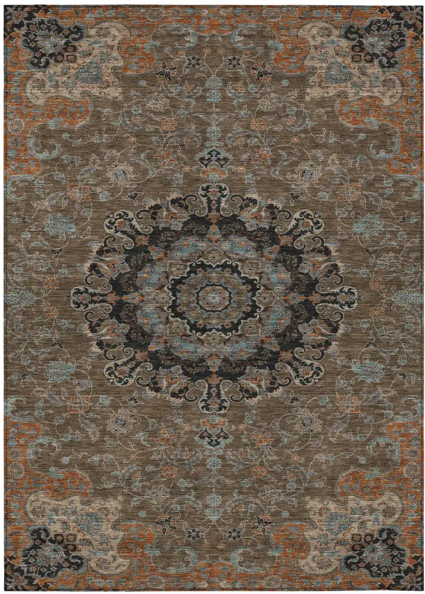 Chocolate And Black Floral Medallion Washable Indoor Outdoor Area Rug Photo 2