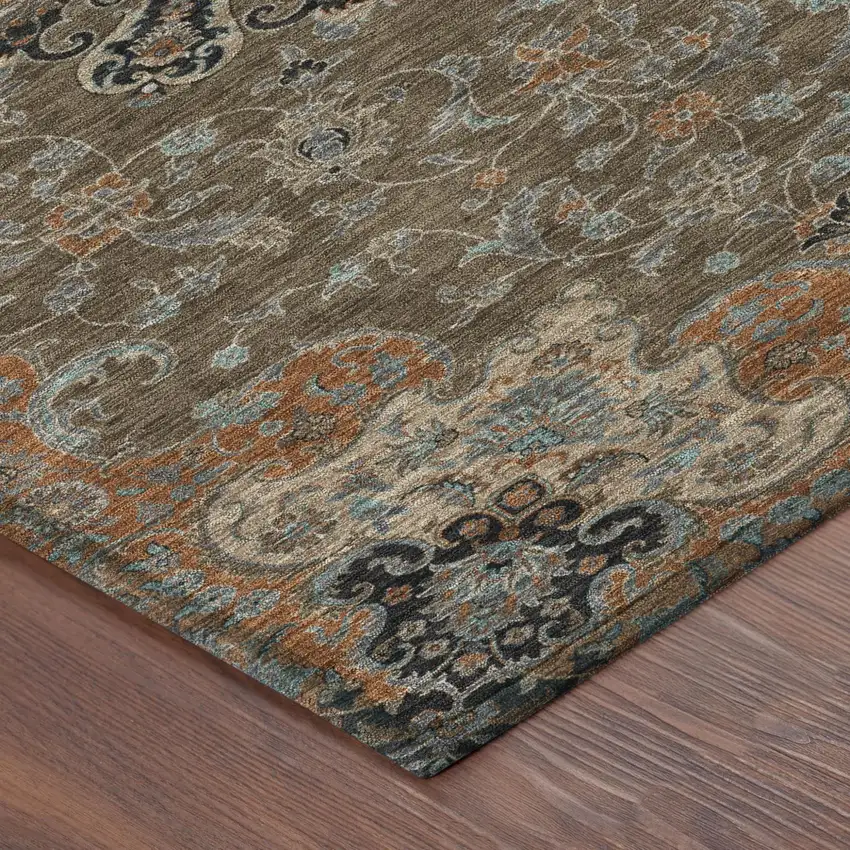 Chocolate And Black Floral Medallion Washable Indoor Outdoor Area Rug Photo 5
