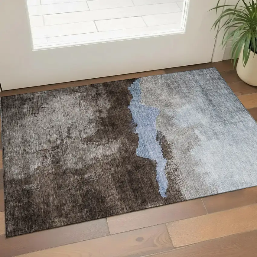 Chocolate And Blue Abstract Washable Area Rug With UV Protection Photo 1