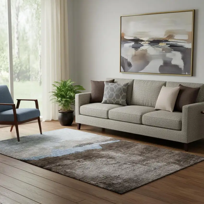 Chocolate And Blue Abstract Washable Area Rug With UV Protection Photo 2