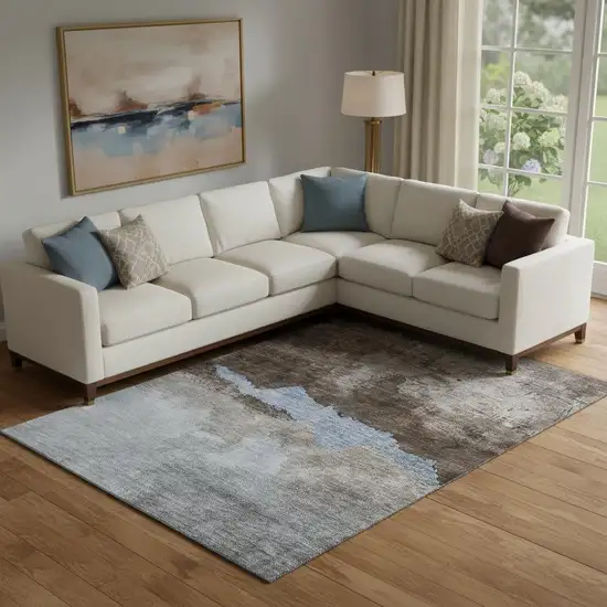 Chocolate And Blue Abstract Washable Area Rug With UV Protection Photo 2