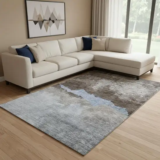 Chocolate And Blue Abstract Washable Area Rug With UV Protection Photo 2