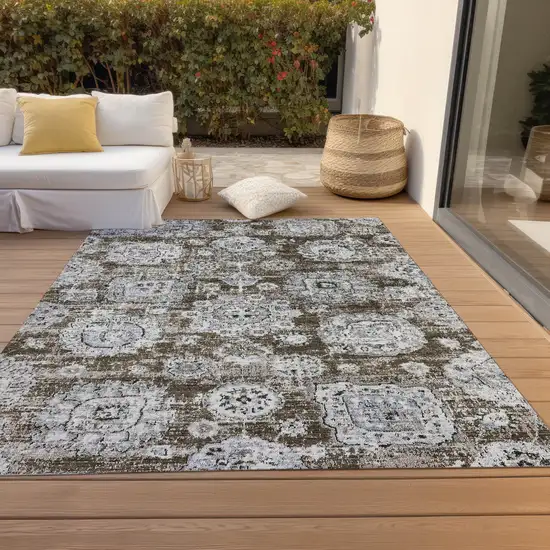 Chocolate And Blue Floral Washable Indoor Outdoor Area Rug Photo 9