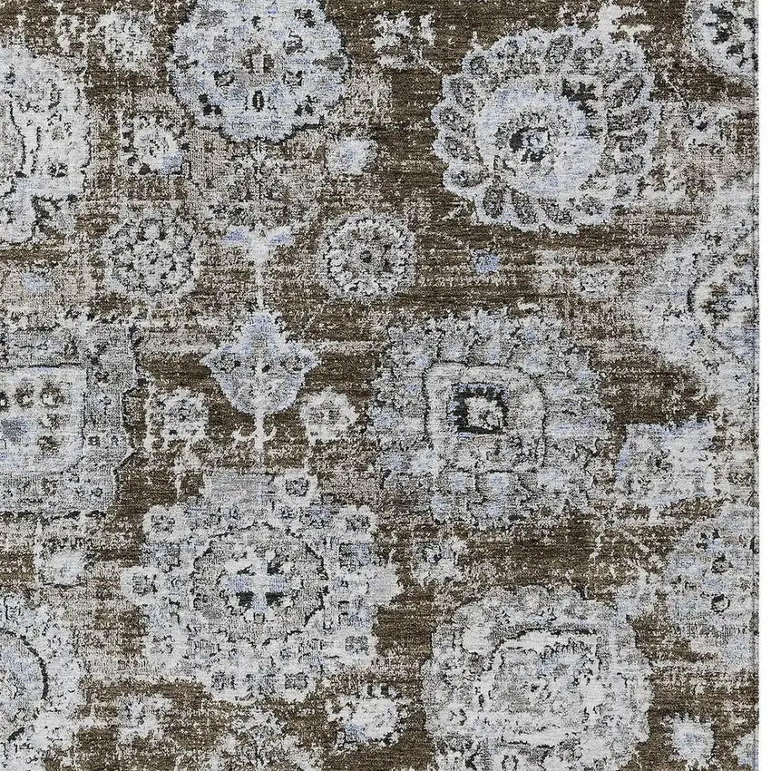 Chocolate And Blue Floral Washable Indoor Outdoor Area Rug Photo 5