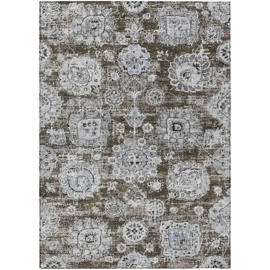 Chocolate And Blue Floral Washable Indoor Outdoor Area Rug Photo 2