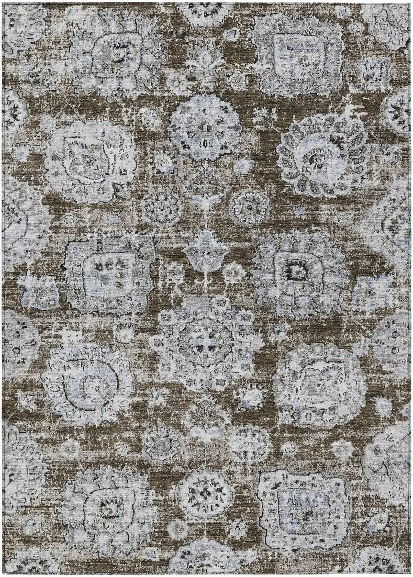 Chocolate And Blue Floral Washable Indoor Outdoor Area Rug Photo 2