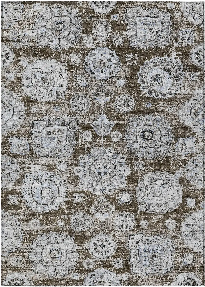 Chocolate And Blue Floral Washable Indoor Outdoor Area Rug Photo 2