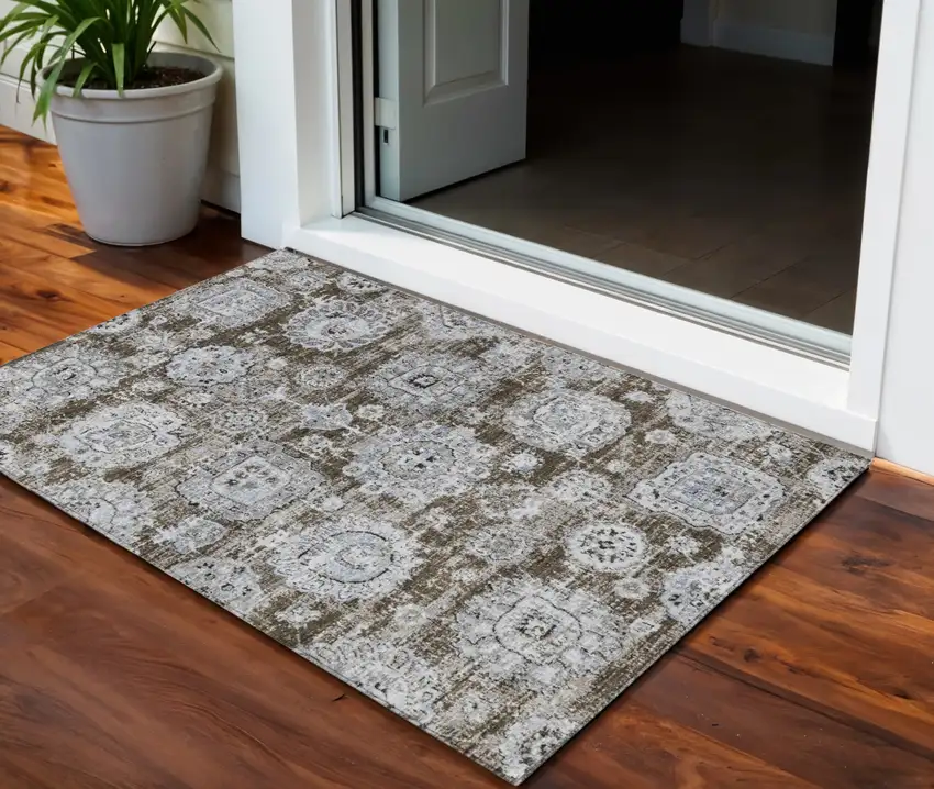 Chocolate And Blue Floral Washable Indoor Outdoor Area Rug Photo 1