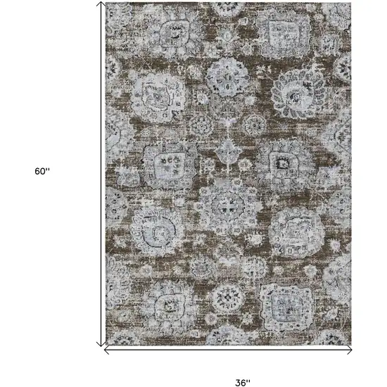 Chocolate And Blue Floral Washable Indoor Outdoor Area Rug Photo 3